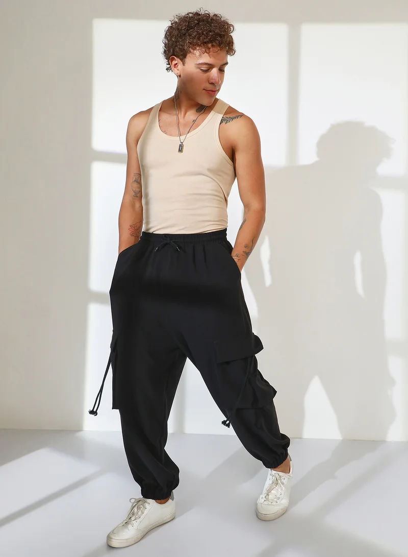 CAHOOT  Men's Charcoal Black Cuffed Baggy Utility Trousers For Casual Wear | Mid-Rise | 4 Pockets | Drawstring Closure | Cargo Pants Crafted With Comfort Fit For Everyday Wear for Men | Best Price UAE